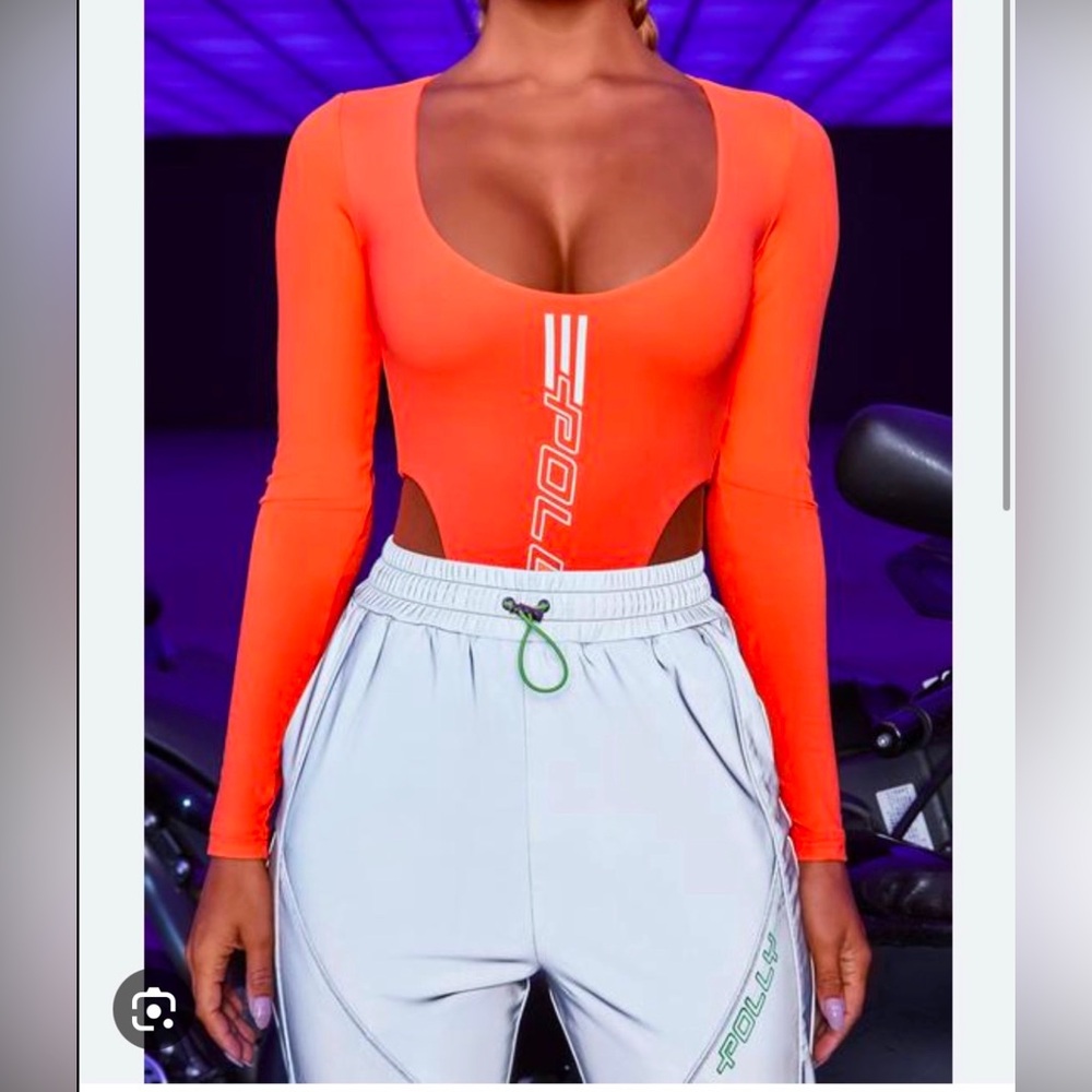 Oh polly High Cut Leg Orange Reflective Long Sleeve Bodysuit - Picture 13 of 13